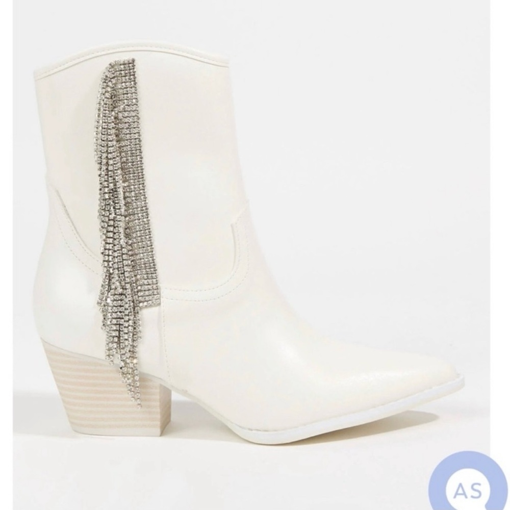 Altar'd State White Silver Heeled Boots with Chain Fringe